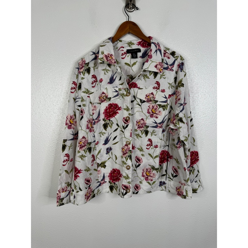 Tahari Floral Bird Print Linen Blend Jacket Womens 1X White Red Button Up New